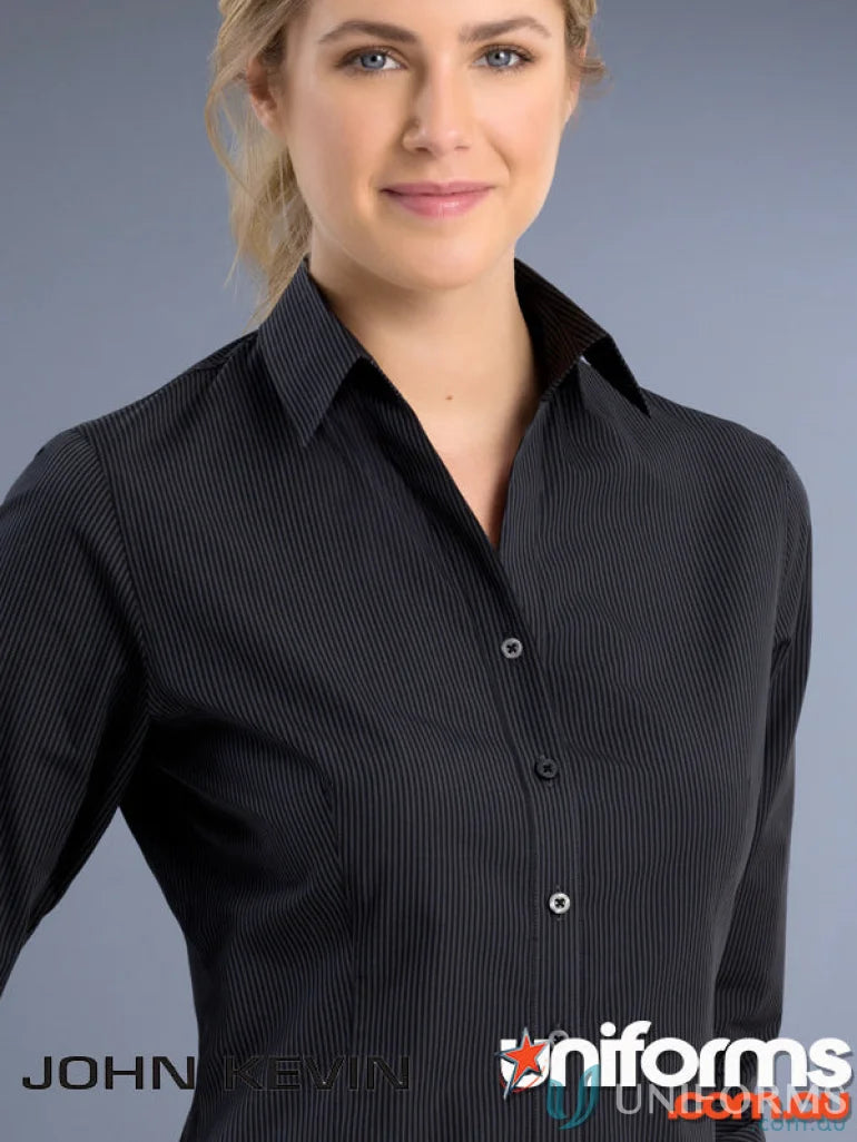Black pinstripe Keval Slim Fit 3Qtr Shirt with classic collar for women