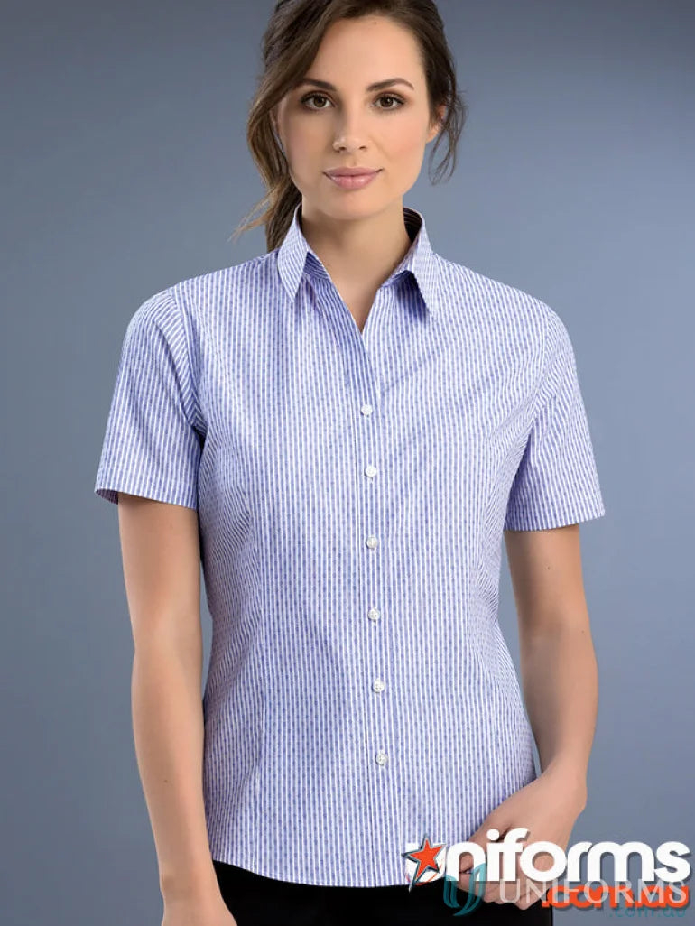 Woman wearing Keval Slim Fit 3Qtr Dobby Stripe open neck shirt in blue and white
