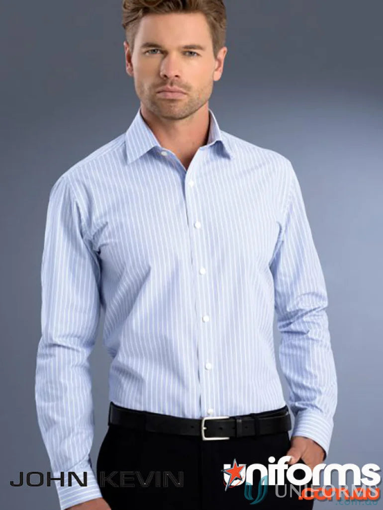 Light blue and white striped Keval men’s slim fit long sleeve shirt on a man