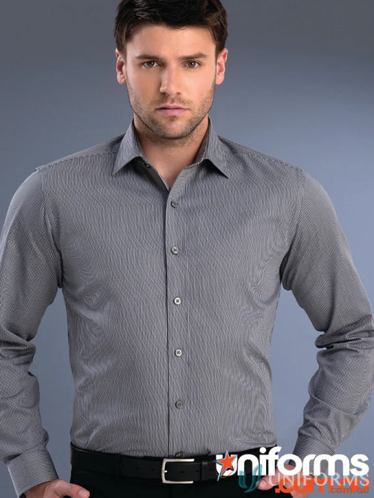 Man wearing 862-jk Keval slim fit shirt with pinstripes, perfect stylish option