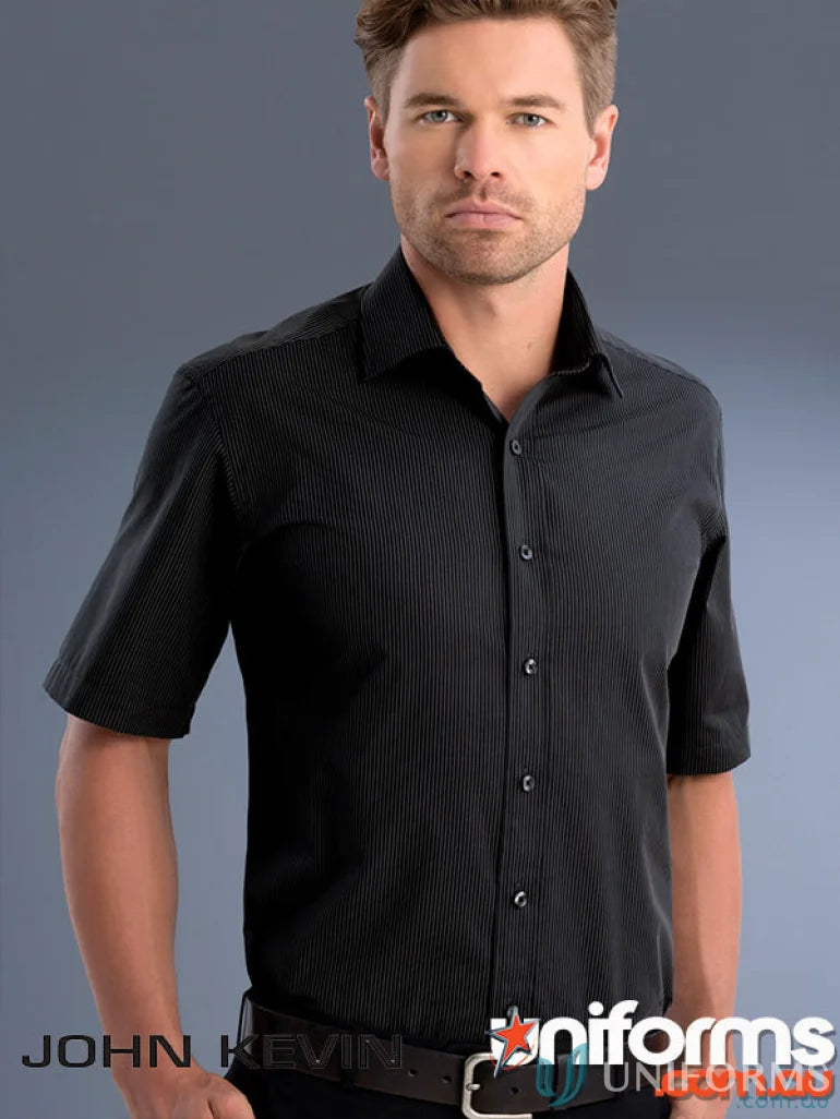 Man modeling 837-jk keval dark stripe shirt, men’s slim fit short-sleeve top