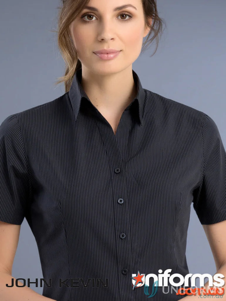 Woman modeling 737-jk Keval slim fit short sleeve shirt with white stripes