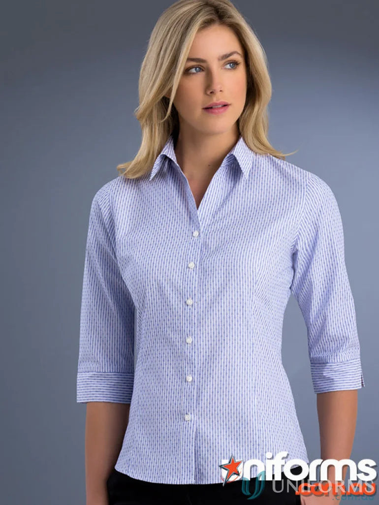 Women’s slim fit dobby stripe shirt in light blue and white from 771-jk Keval