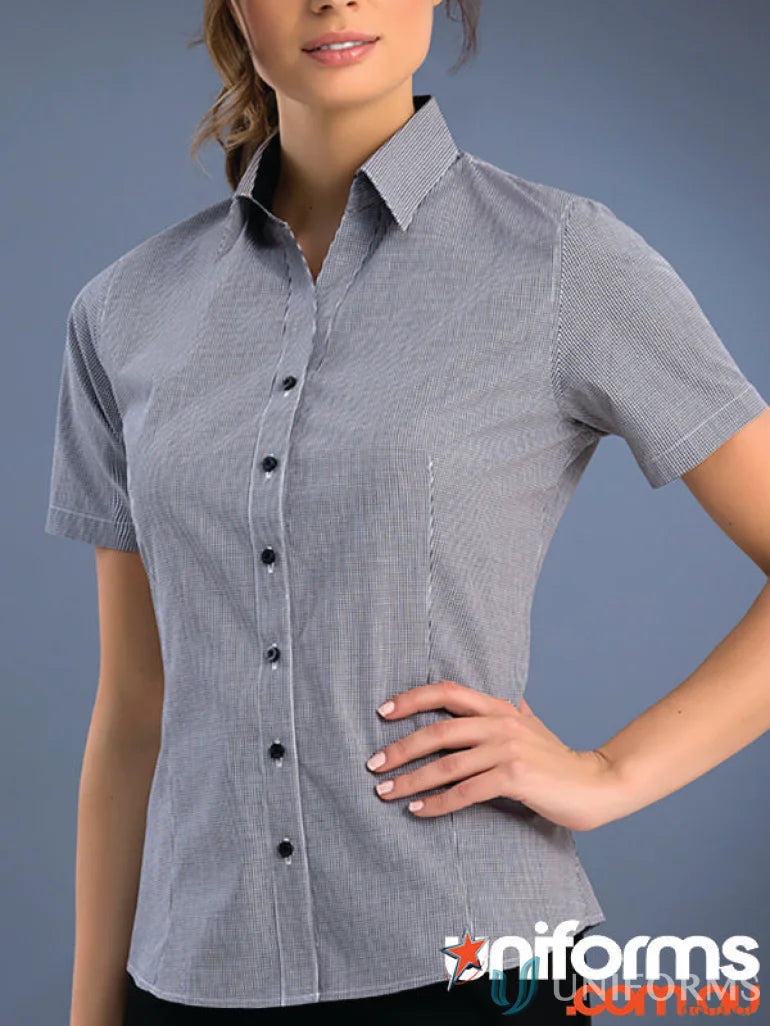 Keval women’s slim fit short sleeve shirt with grey and white pinstripe pattern