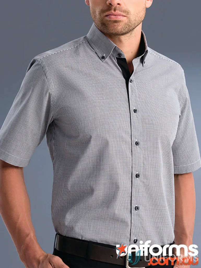 873-jk Keval men’s slim fit short check shirt in grey micro-check pattern