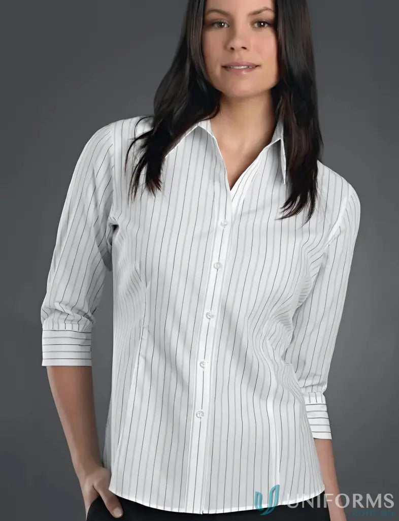 White and black pinstriped Keval Womens 3Q Classic Stripe Shirt with three-quarter sleeves