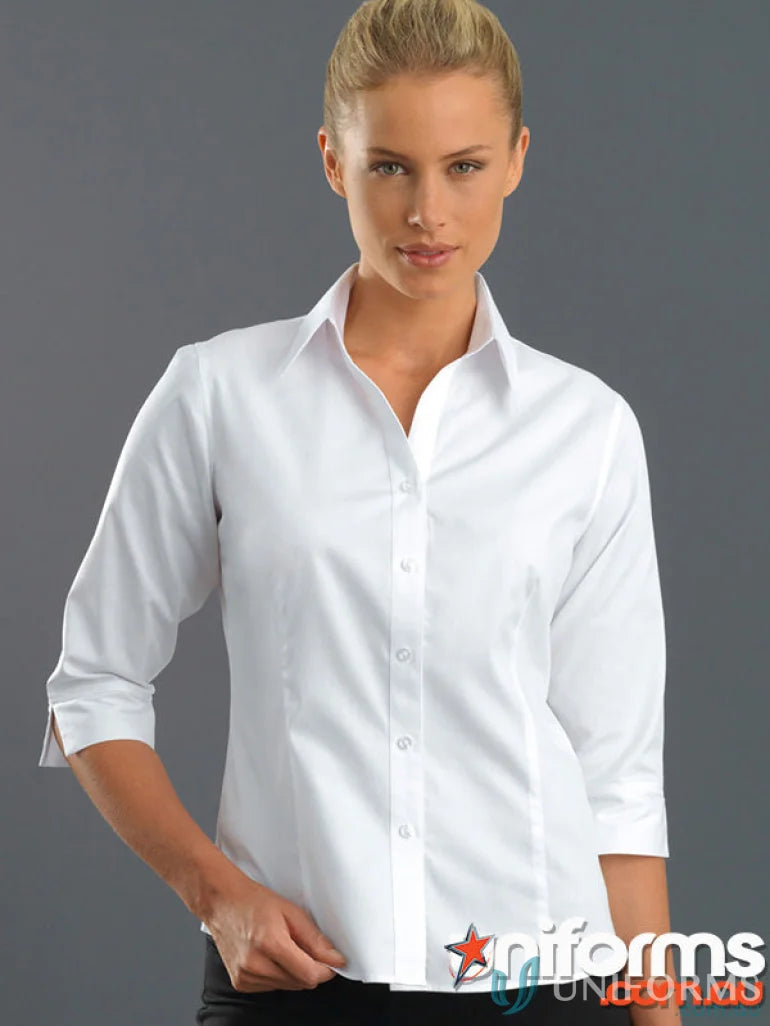 Woman modeling white Keval Womens 3Q Pinpoint Oxford Shirt with three-quarter sleeves