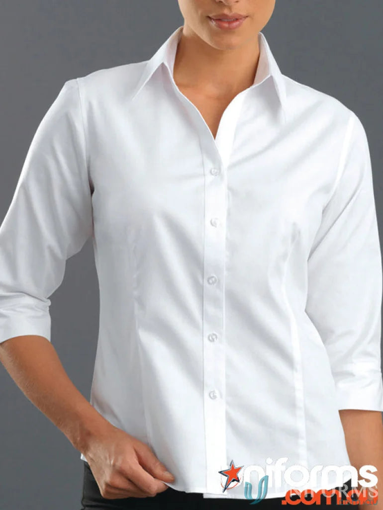 Woman wearing Keval Womens 3Q Pinpoint Oxford Shirt with three-quarter sleeves