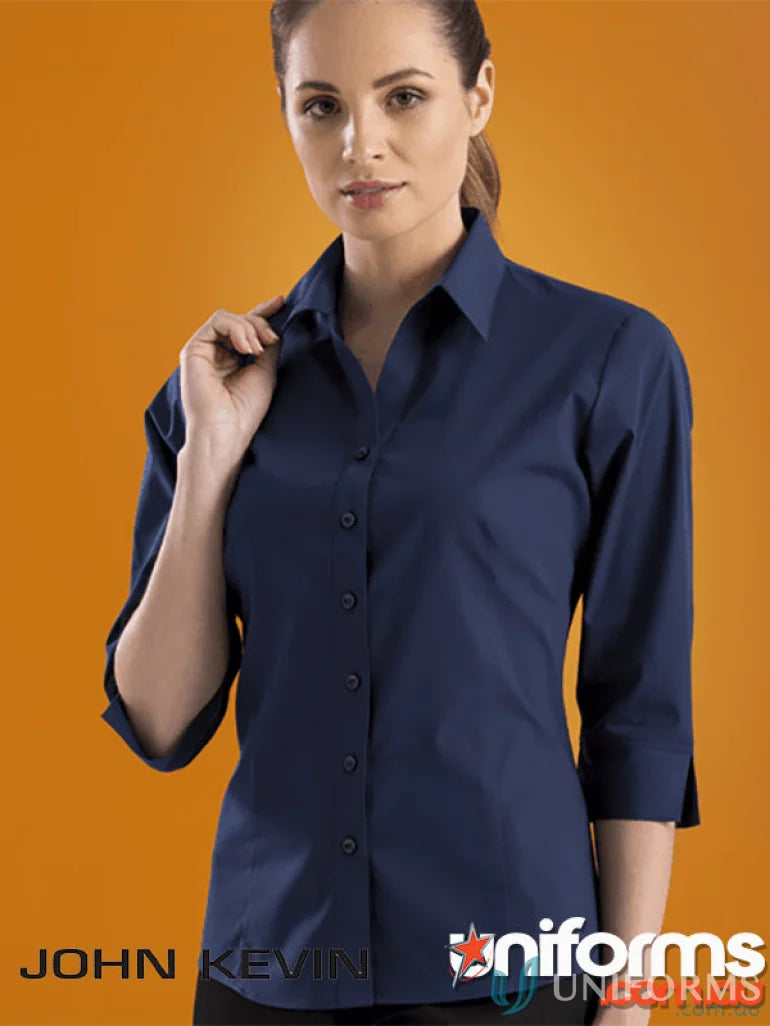 Woman wearing Keval Womens 3Qtr Poplin Shirt in navy blue with semi-tailored fit style 500-jk