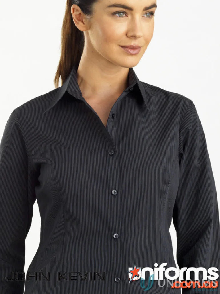 Black pinstripe women’s long sleeve shirt from 135-jk Keval Women’s with semi-tailored fit