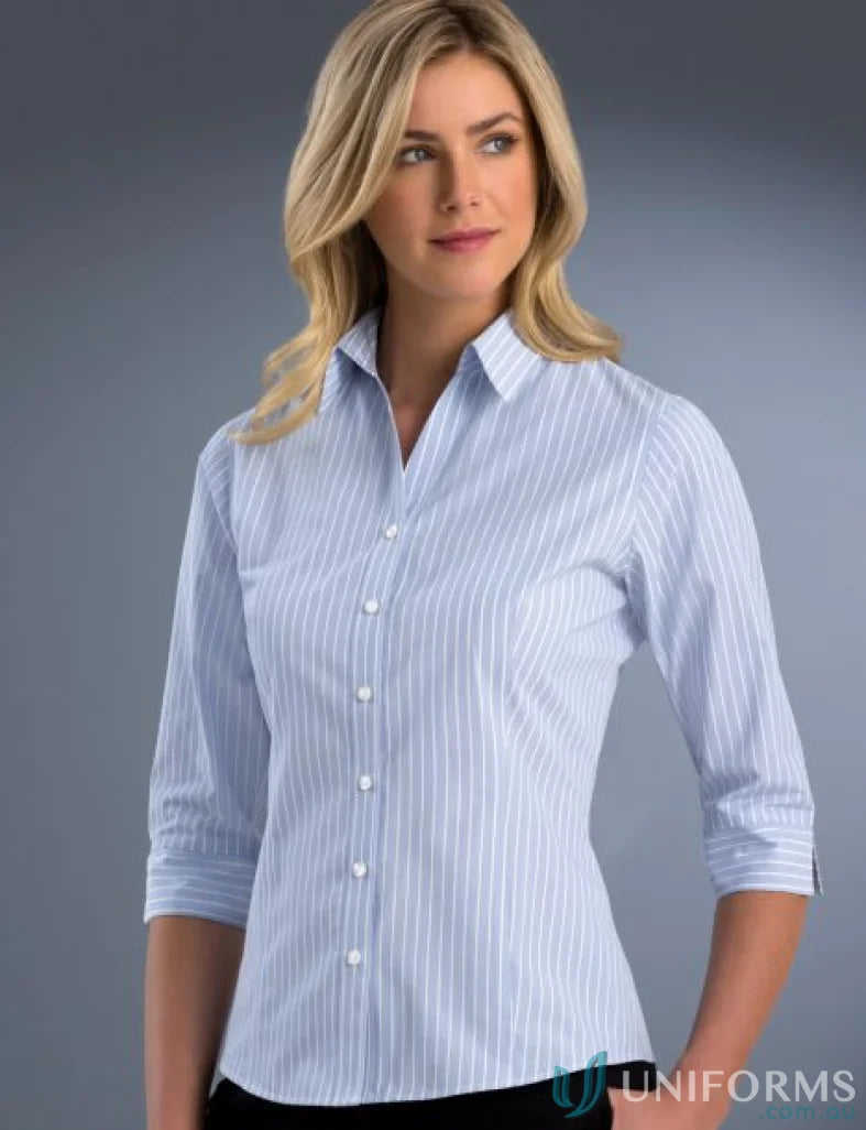 Women’s slim fit Keval Style 718-JK open neck shirt in light blue and white stripes