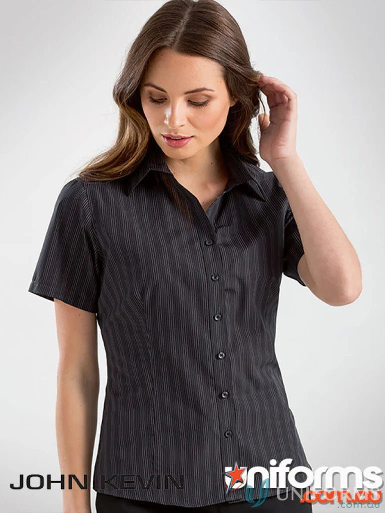 Keval Women’s SS Darker Stripe Shirt in black short-sleeve pinstripe style