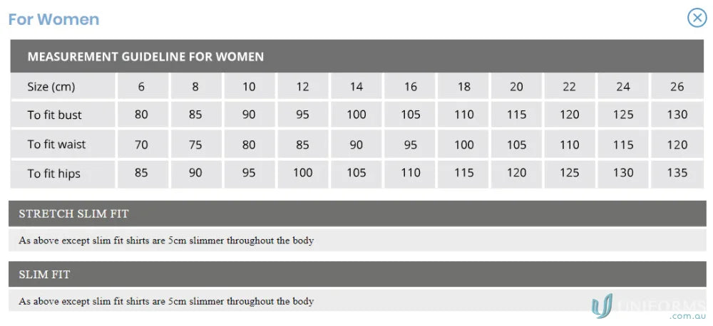 Alt text for Keval Women’s SS Darker Stripe Shirt size chart with measurements and fit notes