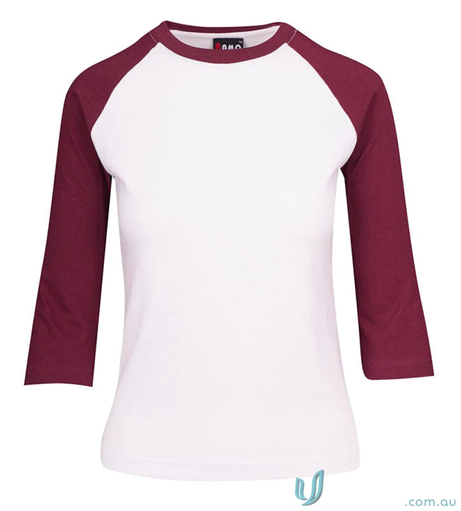 Kids 3Qtr Raglan Tee with white and maroon colors, perfect for uniforms or workwear