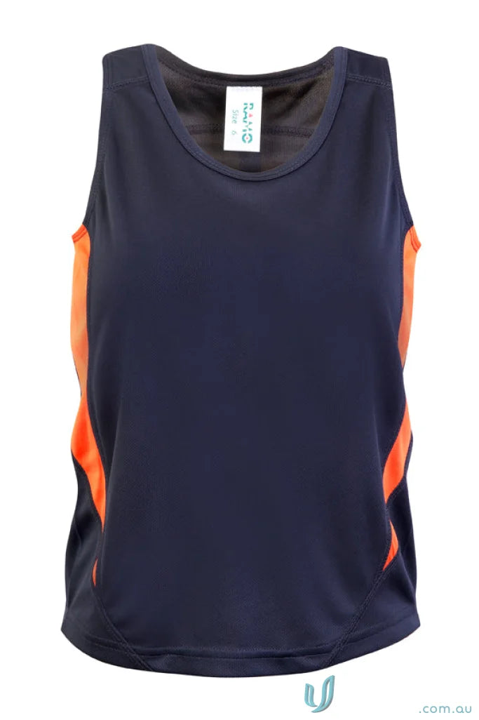Kids Accelerator CoolDry Singlet athletic tank top in navy blue and orange for kids uniforms
