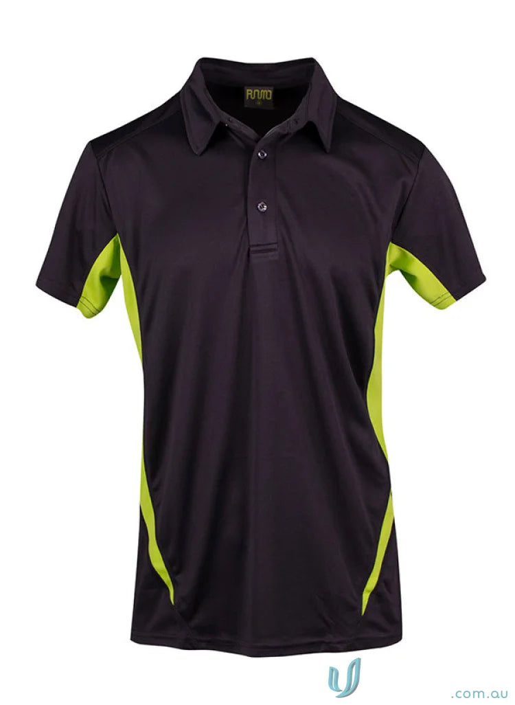 Kids Accelerator Polo in black and lime green short-sleeved polo shirt with three buttons