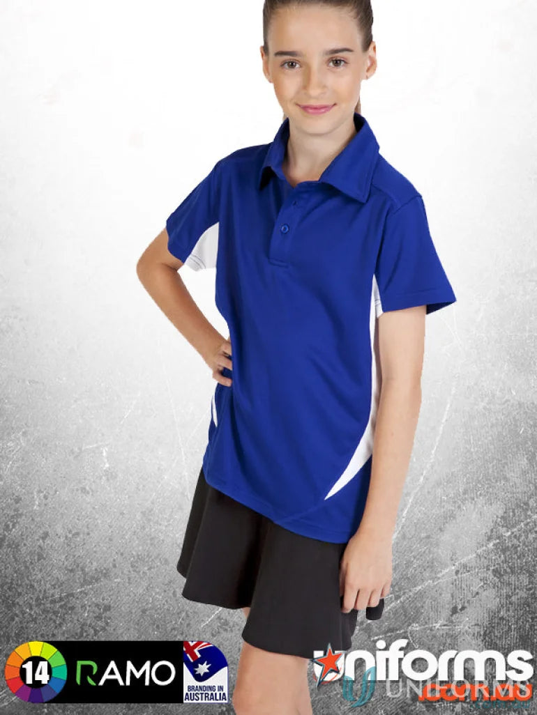 Young girl wearing Kids Accelerator Polo in blue and white, perfect for kids accelerator style
