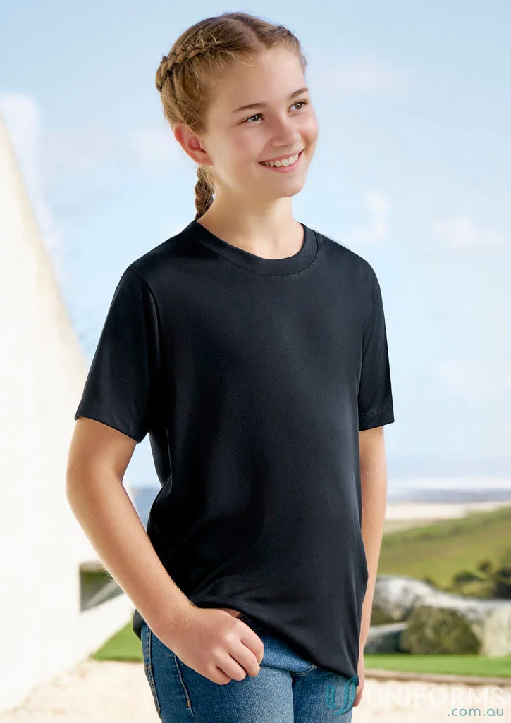 Kids Action Tee black short-sleeved eco-friendly performance tee for kids wear against plastic waste