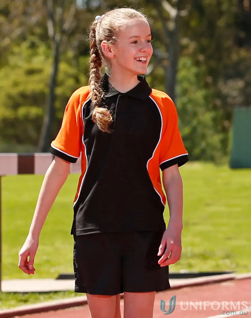 Kids Arena Polo girl’s black and orange athletic uniform for kids group events and ps77k arena