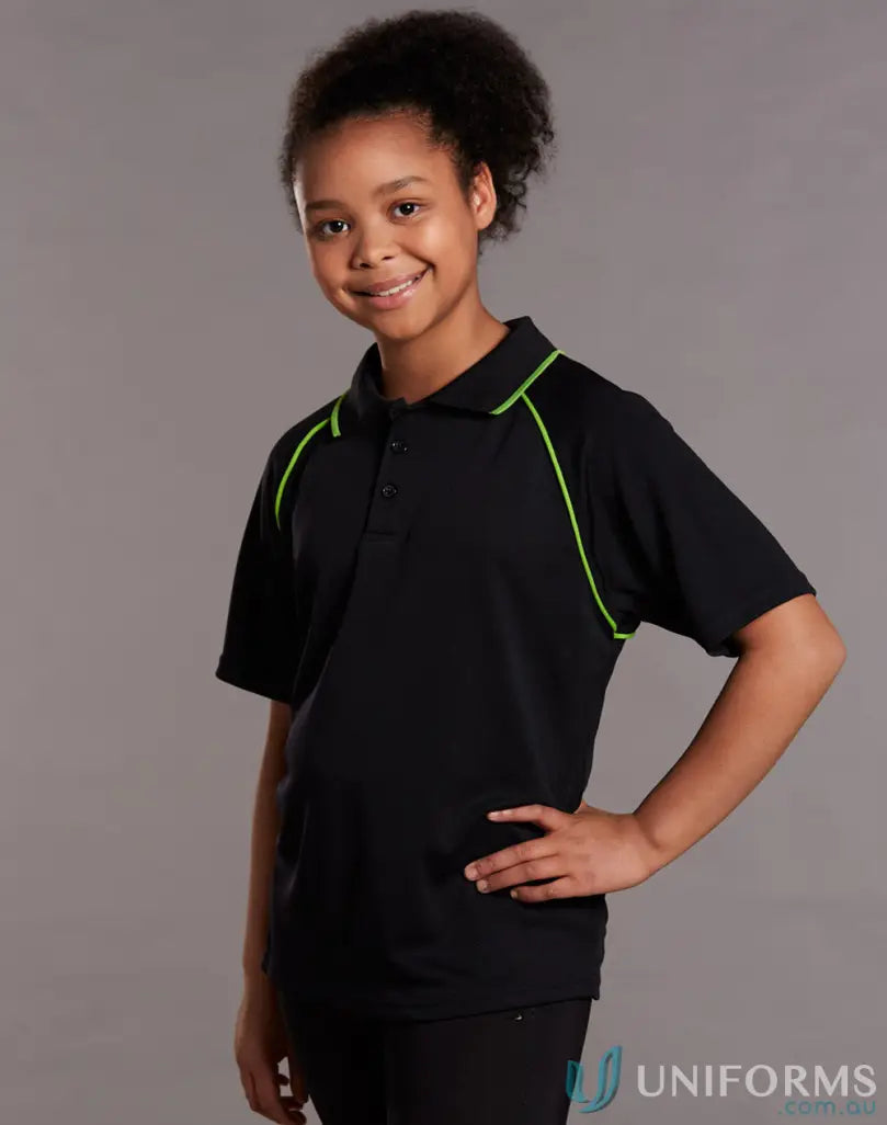 Kids Champion Raglan kids raglan sleeve polo with black and neon green trim