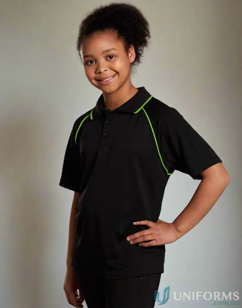 Kids champion raglan black polo shirt with green trim and sporty raglan sleeves