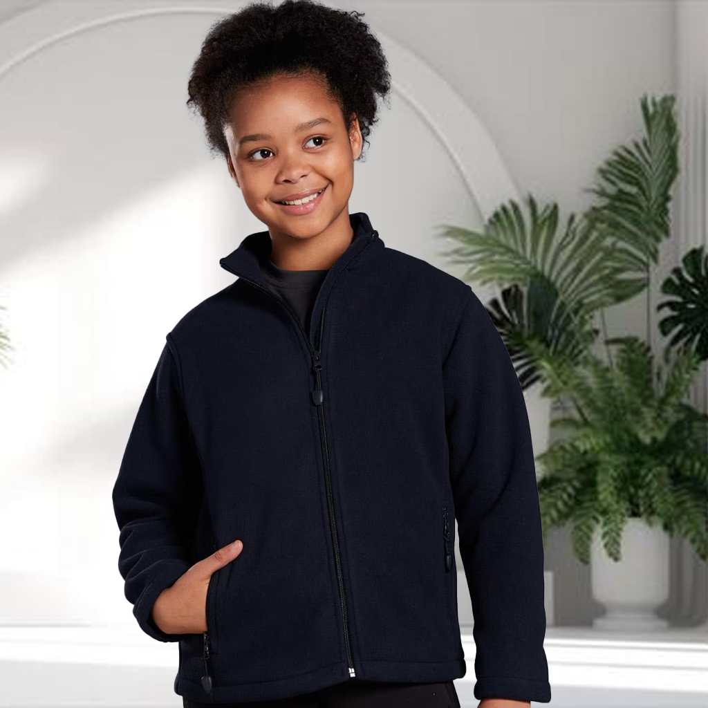 Kids bonded polar fleece jacket, navy blue zip-up with pockets and high collar