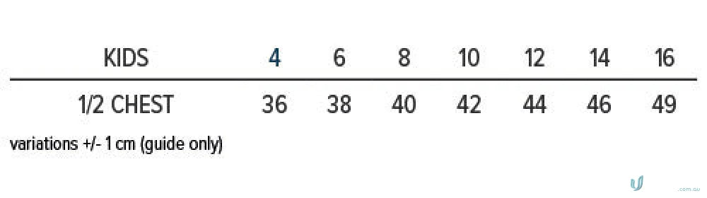 Kids Botany Polo size chart with fabric info, perfect for uniforms or casual workwear