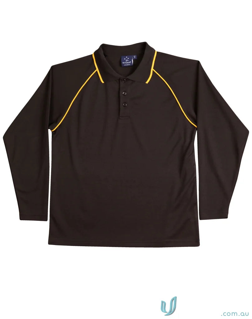 Kids Champion Raglan cooldry long sleeve brown polo shirt with yellow trim