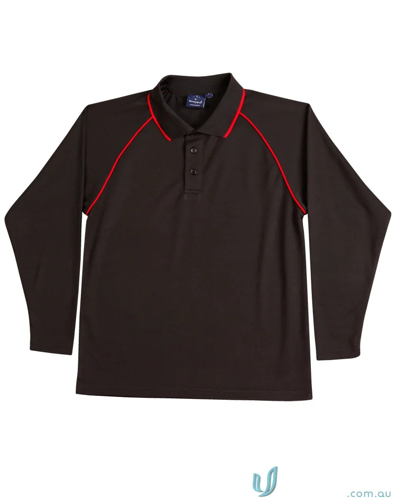Kids Champion Raglan cooldry long sleeve polo shirt with black and red trim