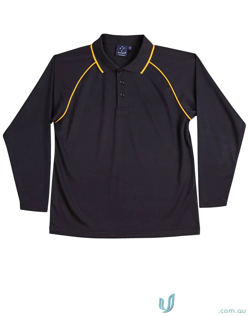 Kids Champion Raglan black long-sleeve polo shirt with gold trim, champion cooldry long sleeve