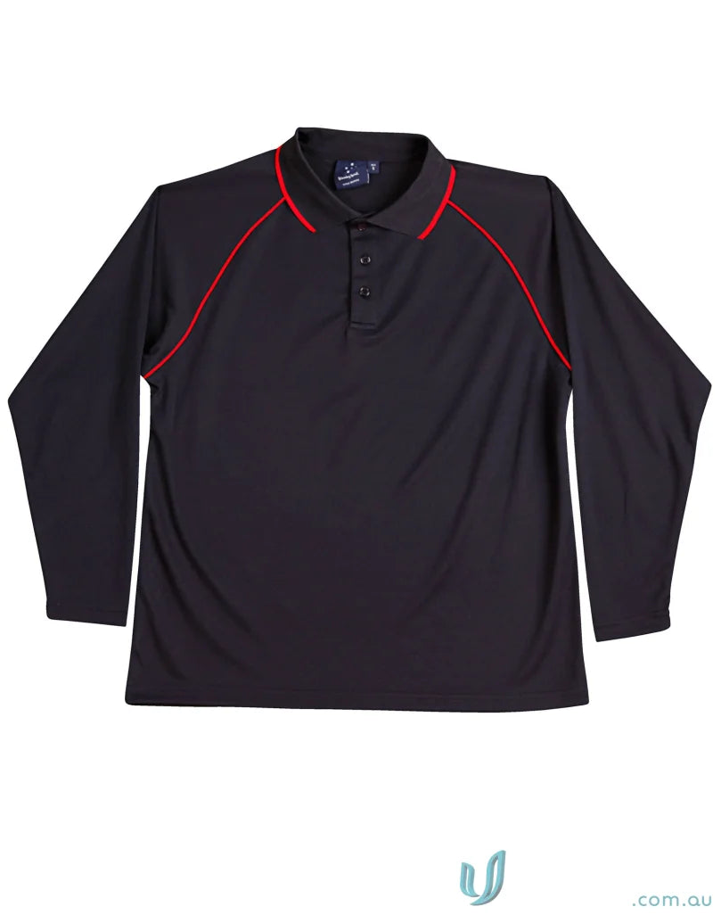 Kids Champion Raglan black long sleeve polo shirt with red trim for cooldry long sleeve style