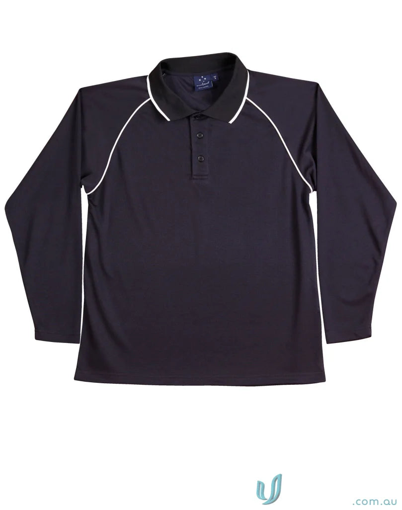 Kids Champion Raglan black long sleeve polo shirt with white trim for cooldry long sleeve style