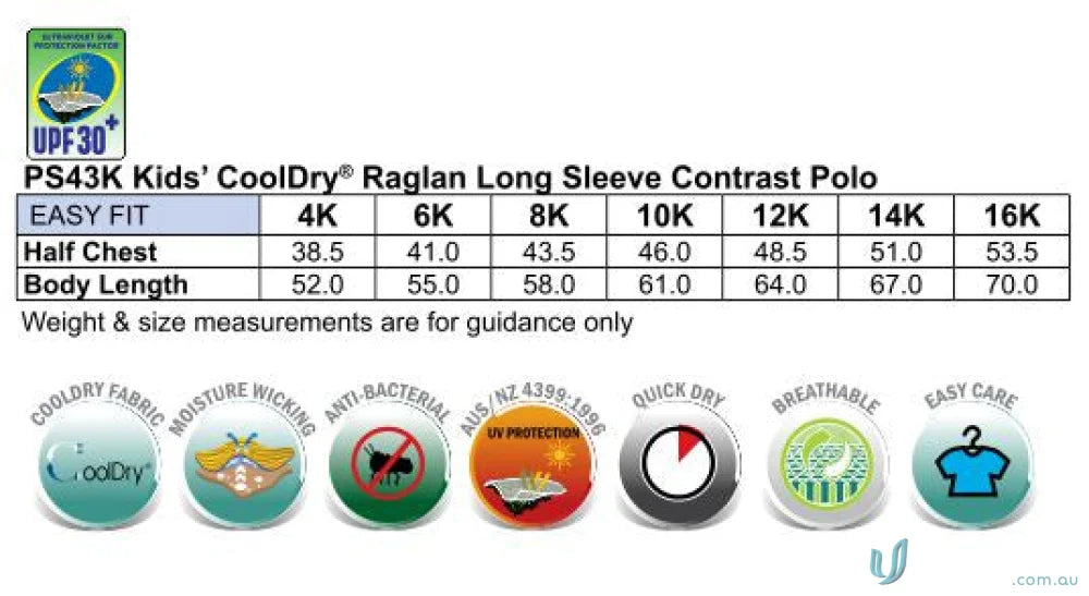 Kids Champion Raglan LS Polo size chart for cooldry long sleeve kids clothing