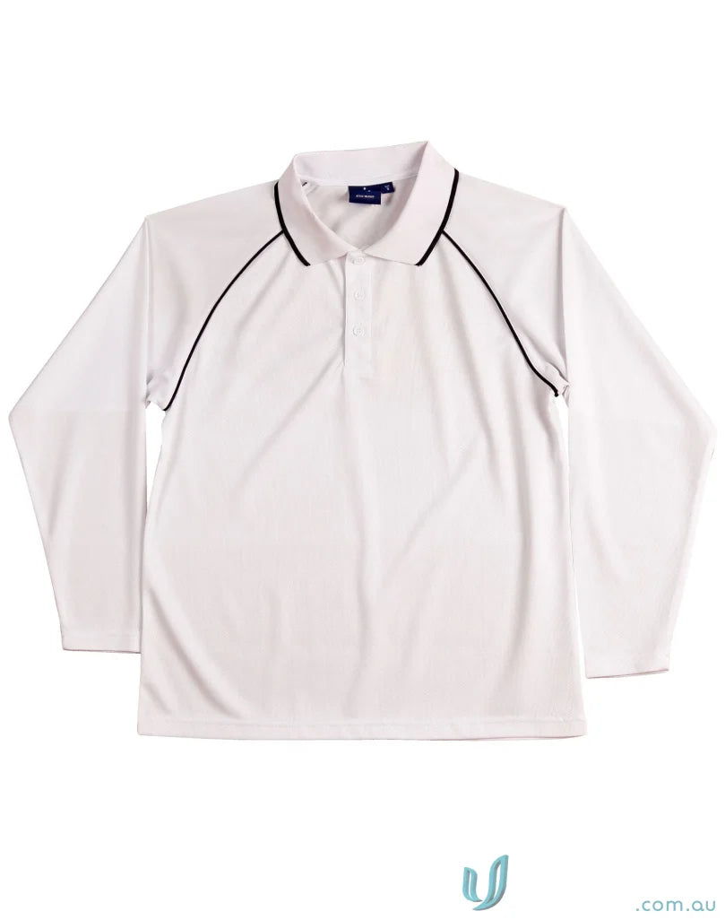 Kids Champion Raglan white long-sleeve polo shirt with black trim for boys