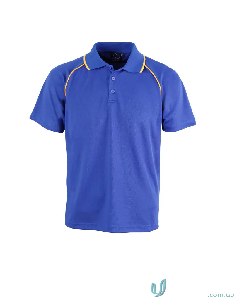 Kids Champion Raglan SS Polo with blue color and stylish gold trim, perfect for kids