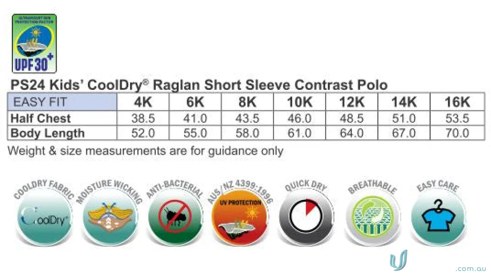Kids Champion Raglan SS Polo size chart and features for the winning spirit kids