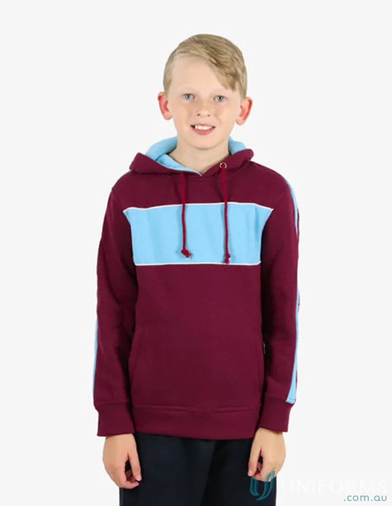 Kids Chesty Hoodie in Burgundy and Light Blue with anti-pill fleece chest panel bshd11k