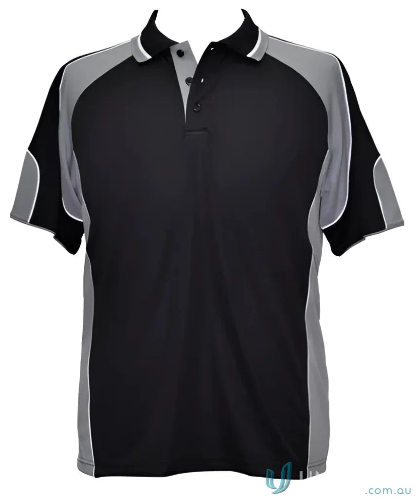 Black and gray Kids CoolDry Alliance Polo in mini waffle fabric, perfect for kids’ spirit cooldry