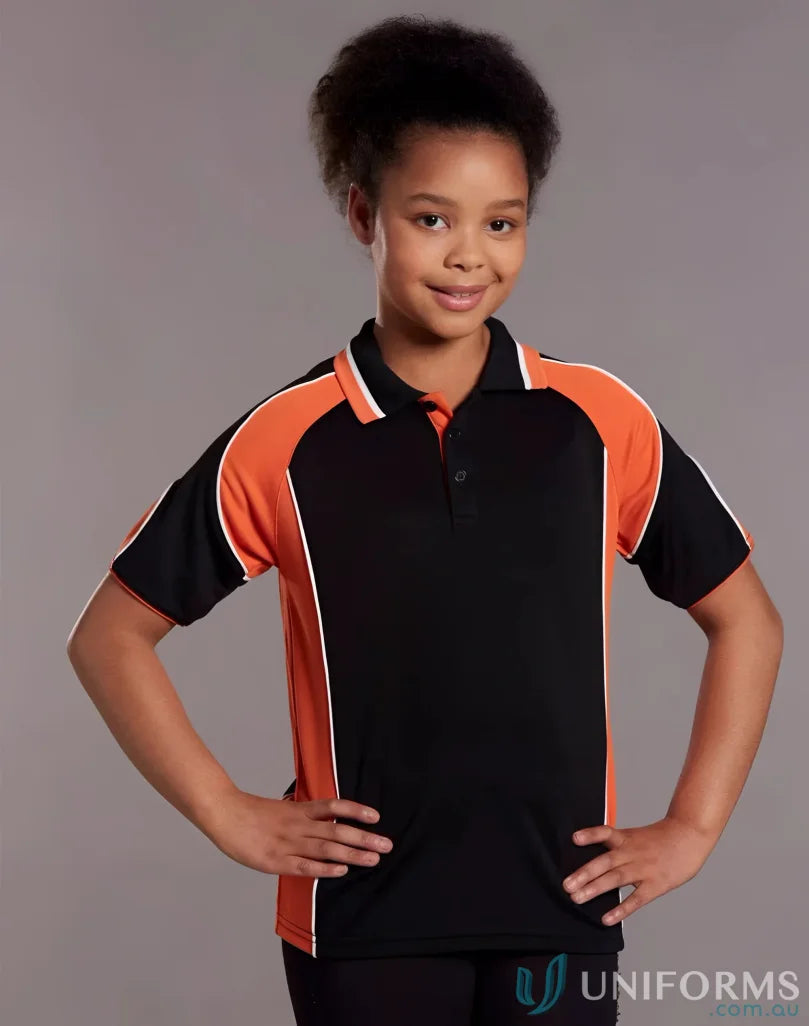Kids CoolDry Alliance Polo in black and orange with mini waffle fabric, perfect for kids spirit cooldry