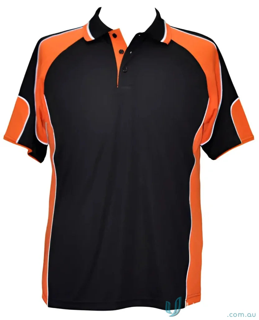 Kids CoolDry Alliance Polo in black and orange featuring mini waffle fabric for kids spirit cooldry