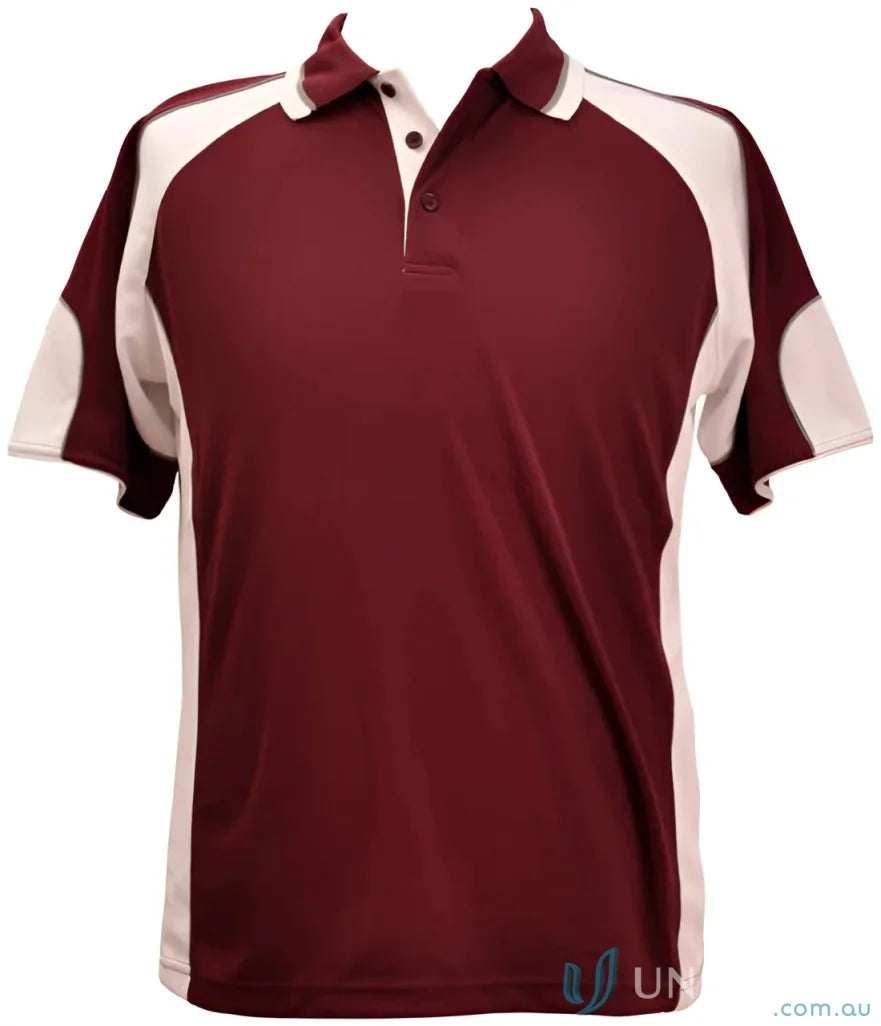 Kids CoolDry Alliance Polo in maroon and white mini waffle fabric for kids’ cooldry style