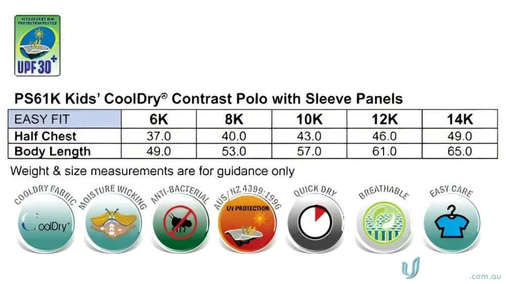 Kids CoolDry Alliance Polo size chart and features in mini waffle fabric for kids spirit cooldry