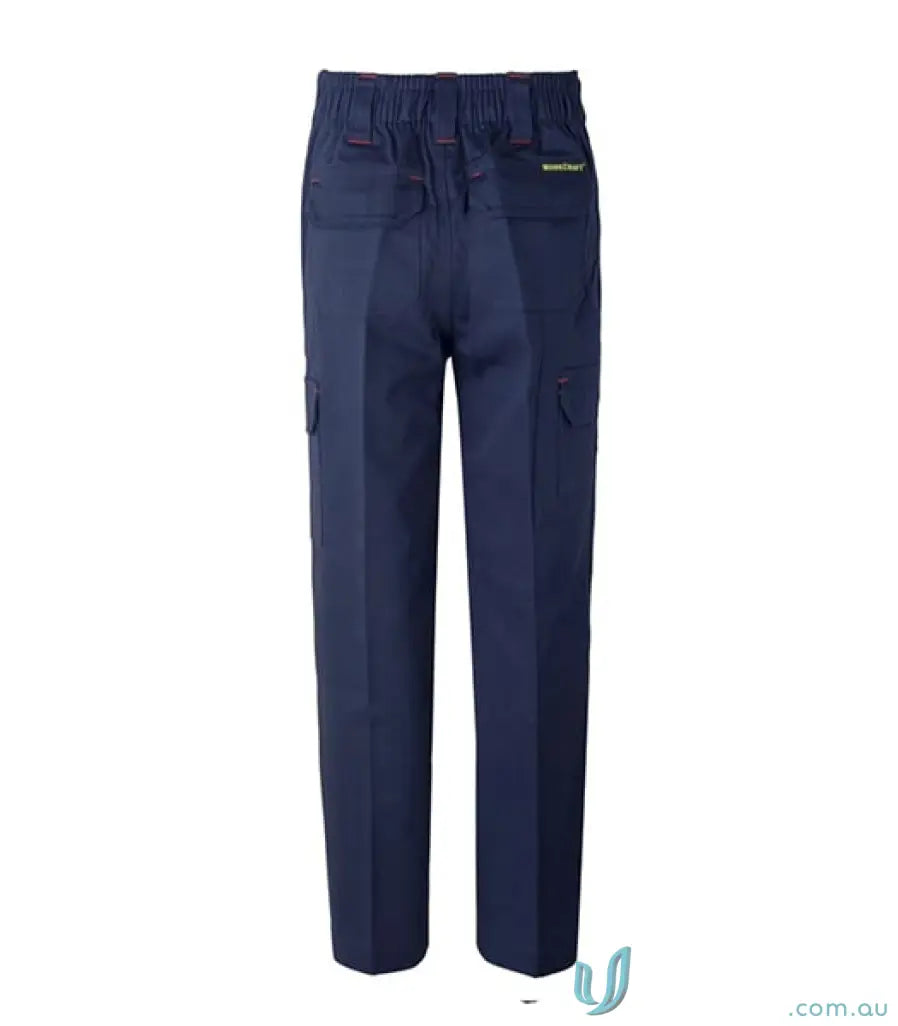 Kids cotton drill cargo pants in navy blue with reinforced stress points for durability