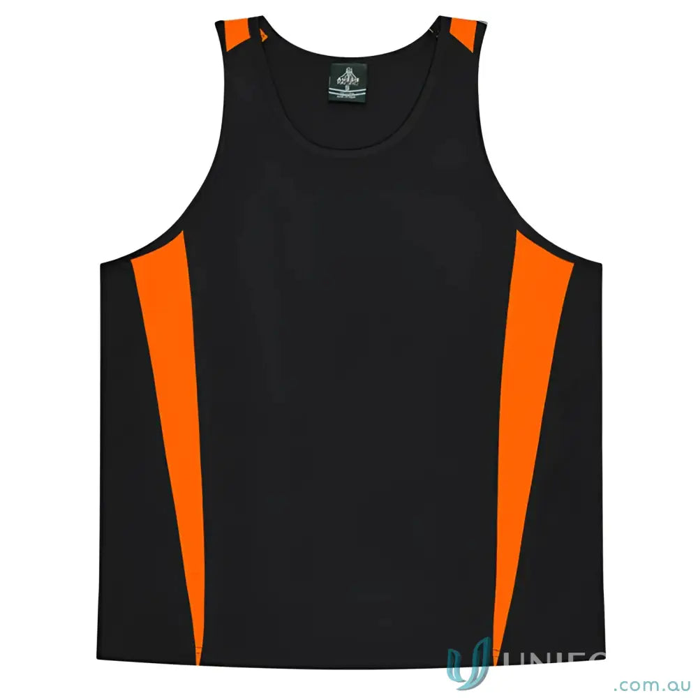 Kids Eureka Singlet black and orange athletic tank top made of comfy fabric perfect for uniforms or workwear
