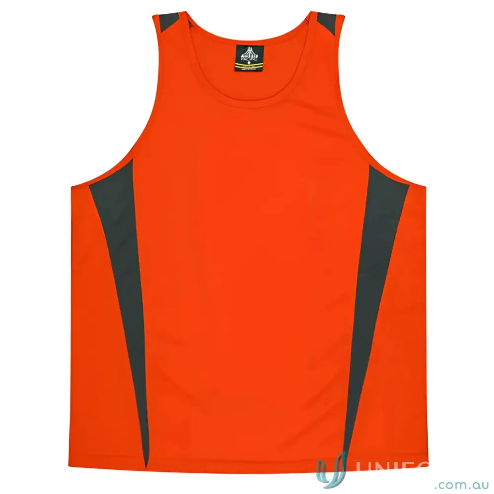 Kids Eureka Singlet athletic tank top in orange and gray, made from comfy fabric for workwear or uniforms