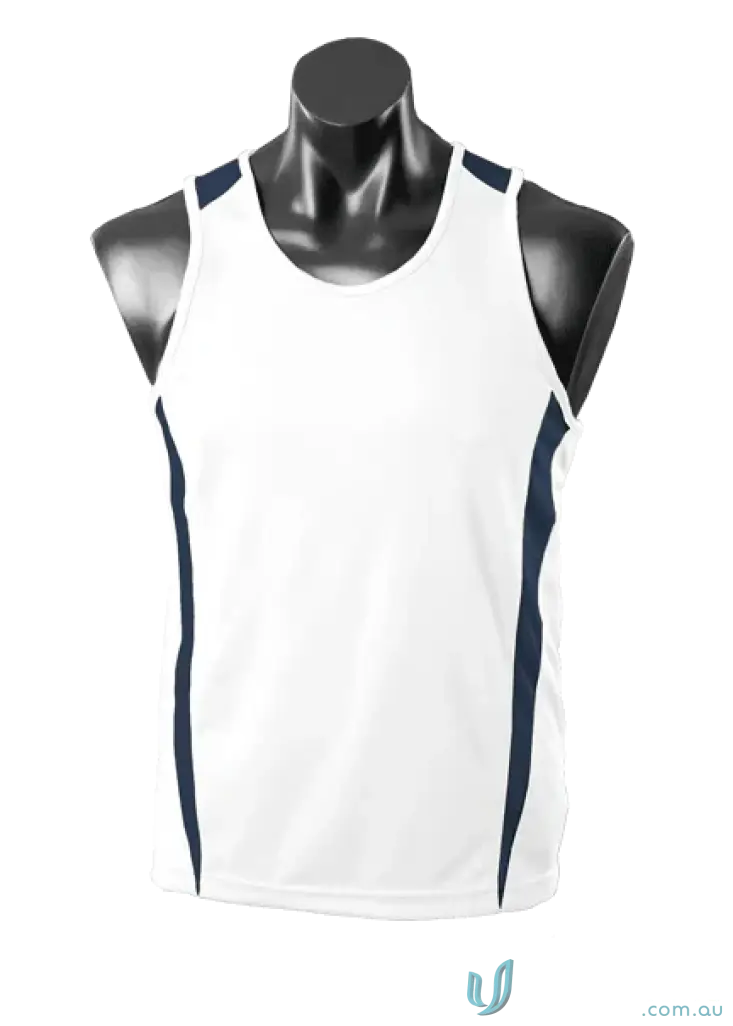 Kids Eureka Singlet with white fabric and navy side panels, perfect for uniforms or workwear