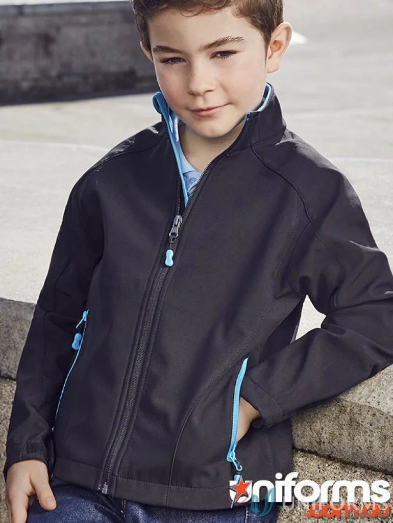 Kids Geneva Softshell Jacket in black with blue accents perfect for outdoor activities