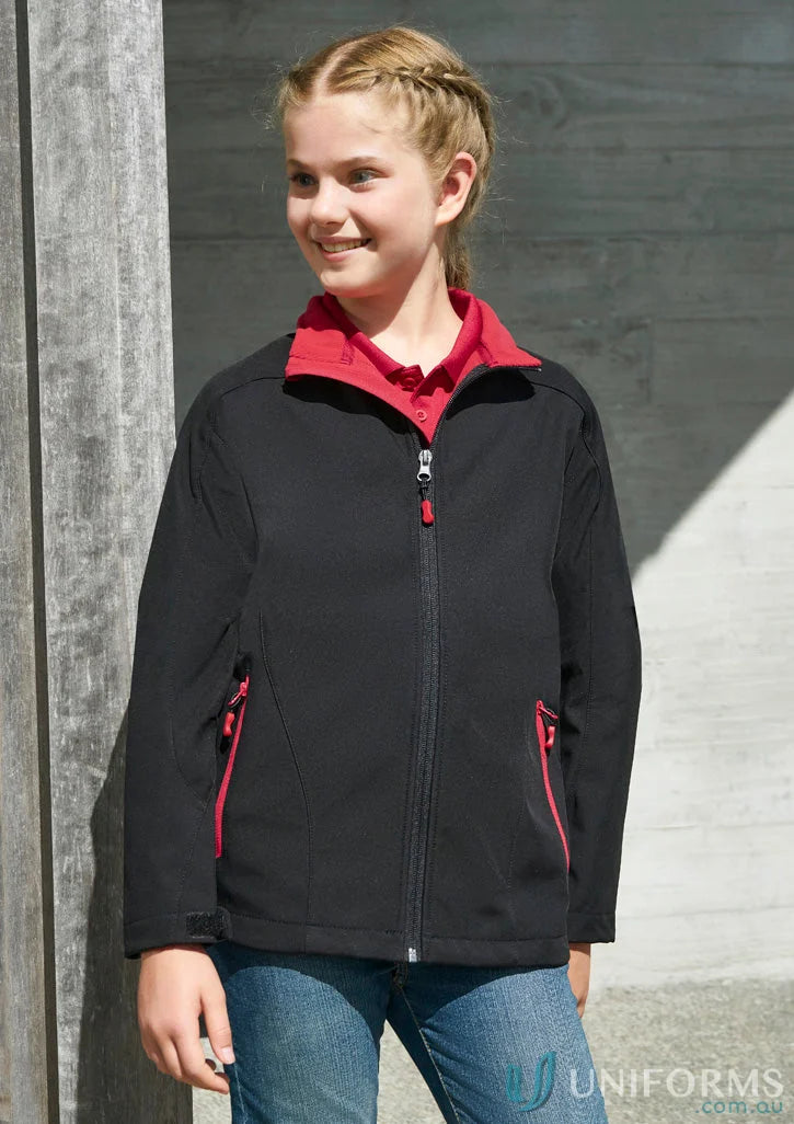Kids Geneva Softshell Jacket in black and red perfect for outdoor activities