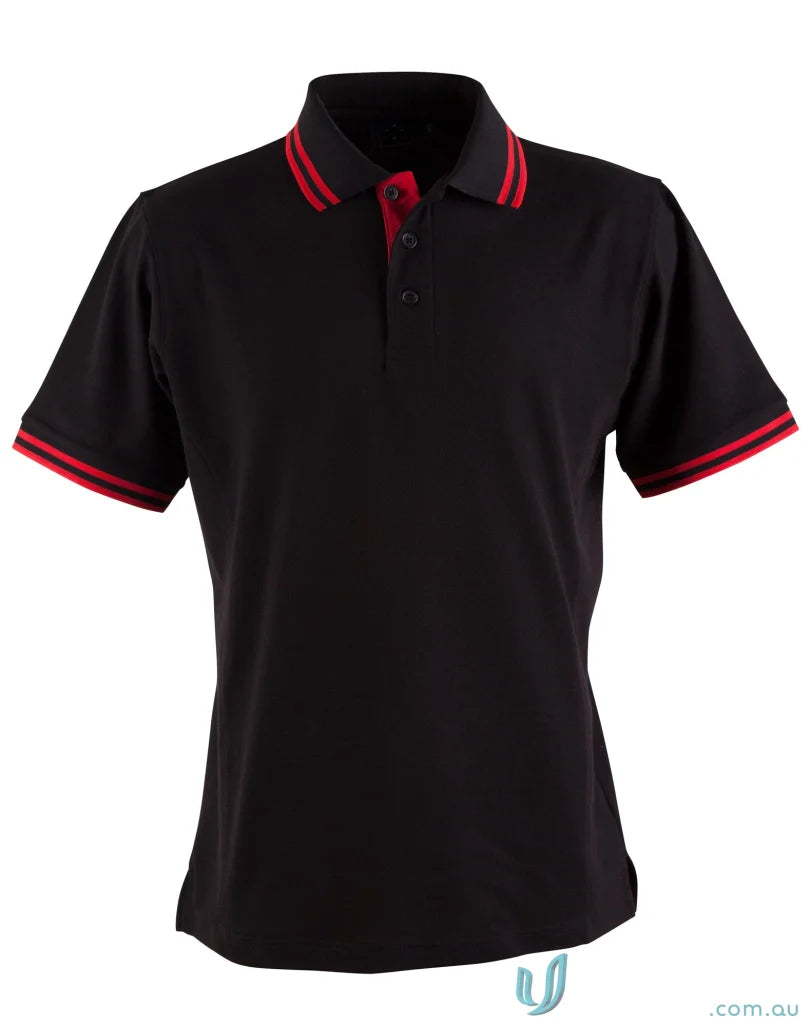 Kids Grace Polo black pique short sleeve with red trim, stylish sleeve polo PS65K