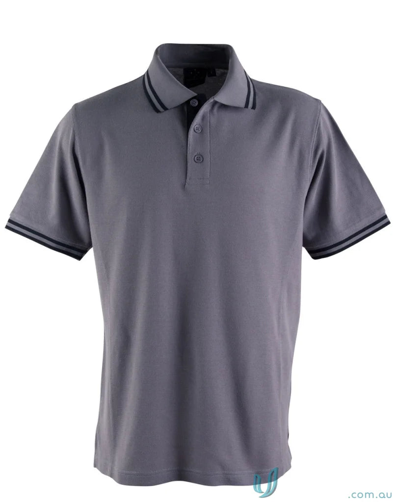 Kids Grace Polo Gray pique short sleeve with striped trim, perfect for style and comfort